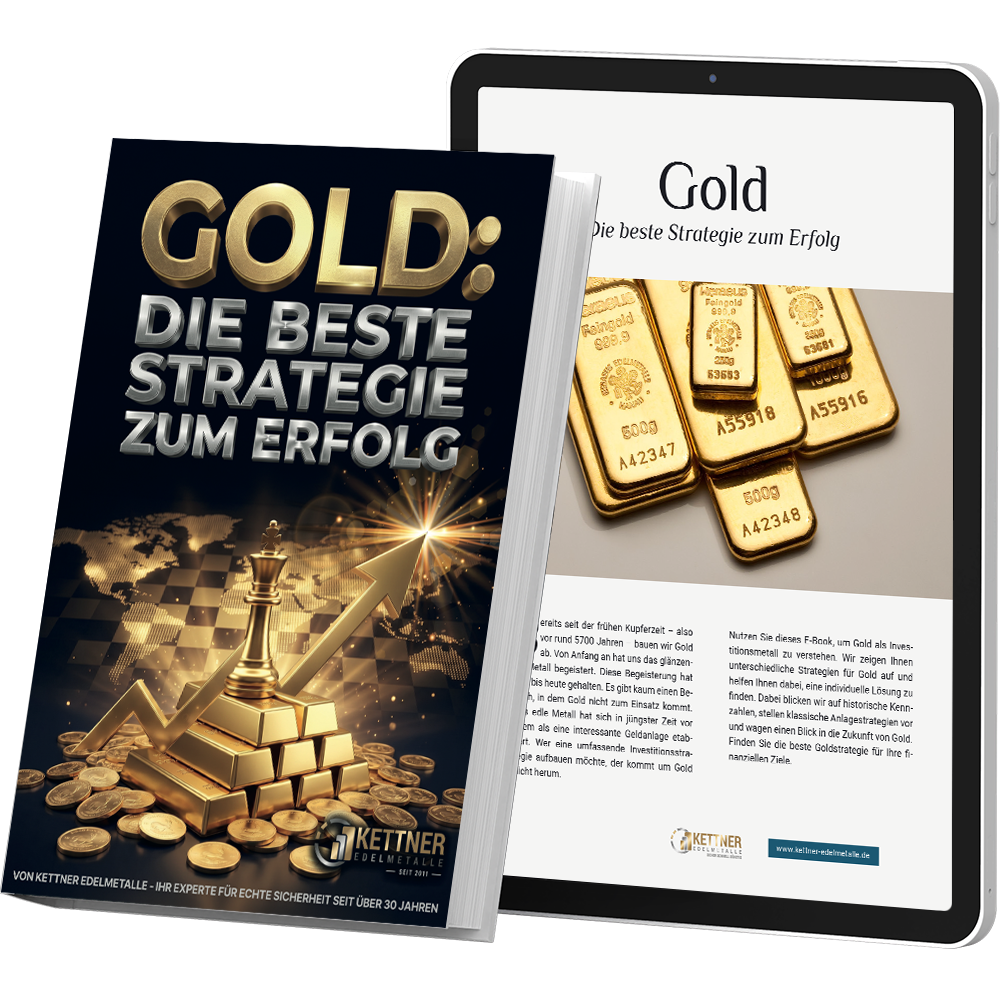 Ratgeber „Gold – die beste Strategie zum Erfolg“ von Kettner Edelmetalle als Broschüre und Tablet-Ansicht
