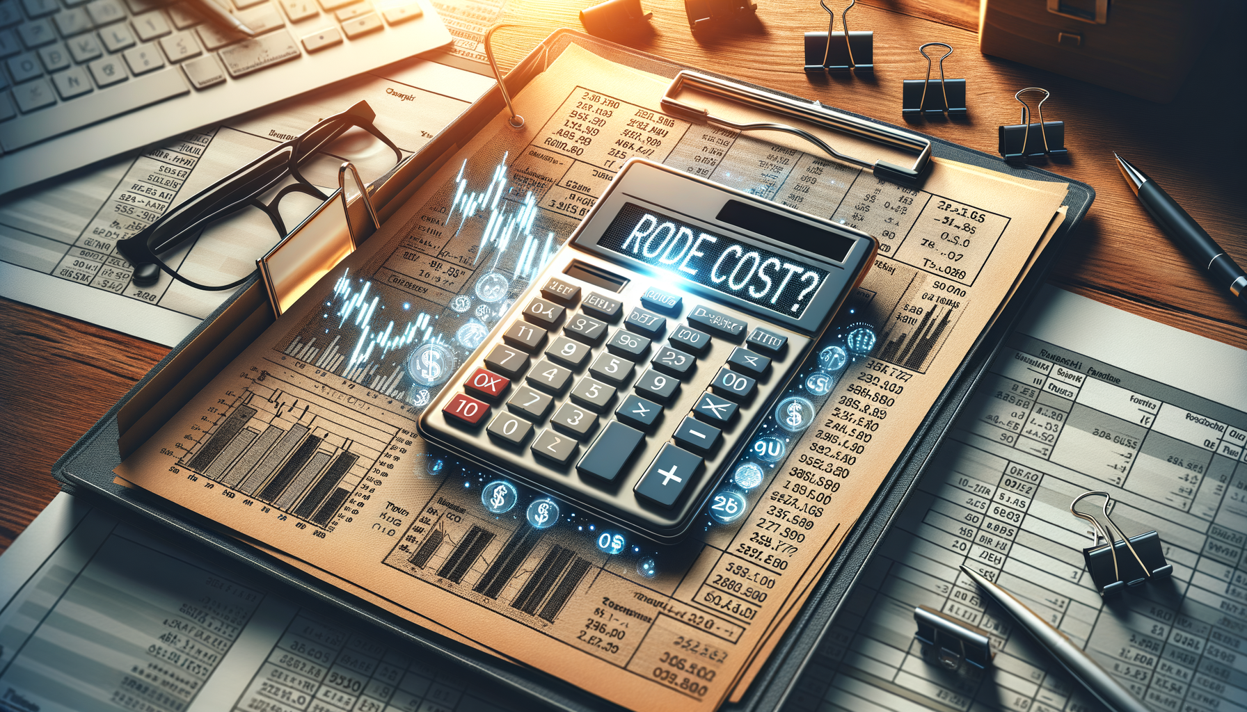 Bild von einem Taschenrechner und Finanzdokumenten, die die Berechnung von Handelskosten zeigen