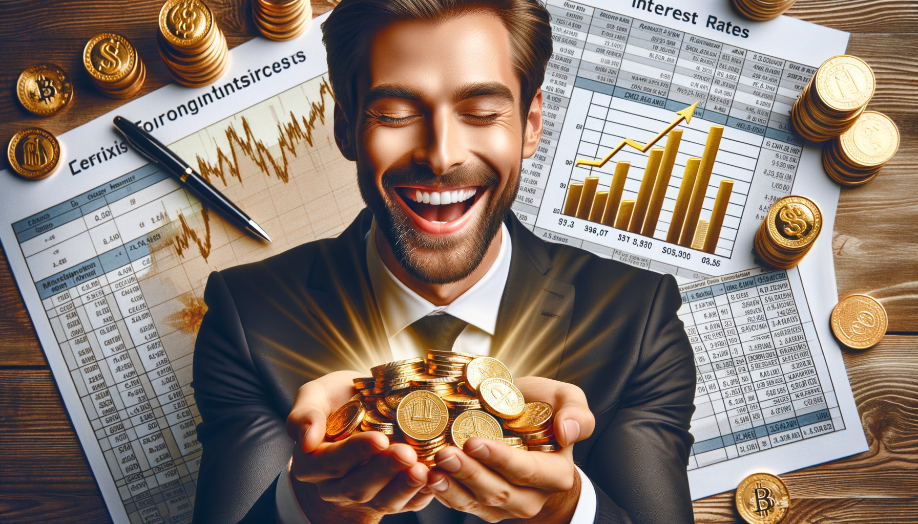 Ein Bild von einem glücklichen Investor, der Goldmünzen in der Hand hält und Finanzdokumente mit günstigen Zinssätzen im Hintergrund