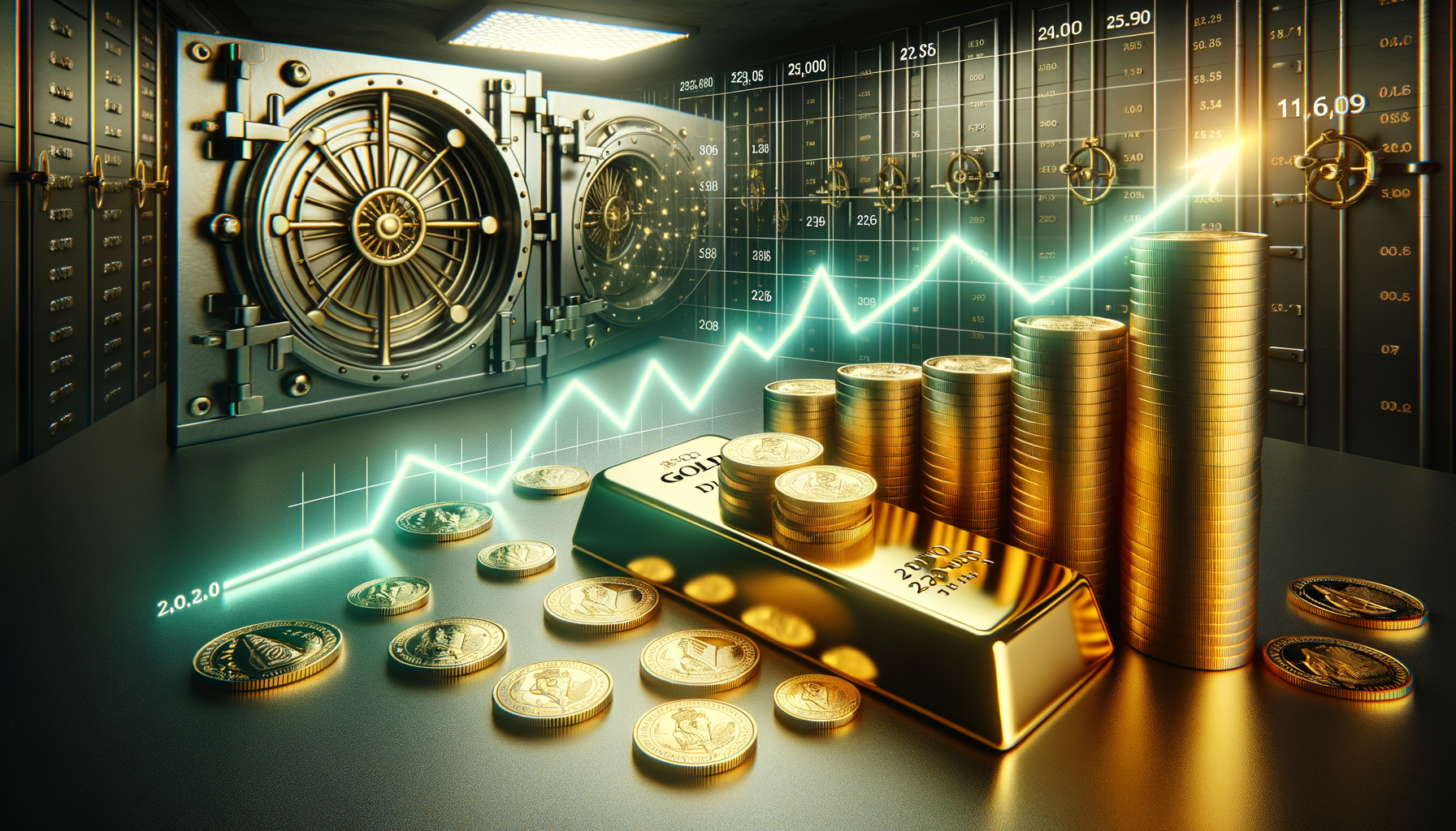 Ein Bild von Goldbarren und Münzen neben einem Diagramm, das die langfristige Wertsteigerung zeigt