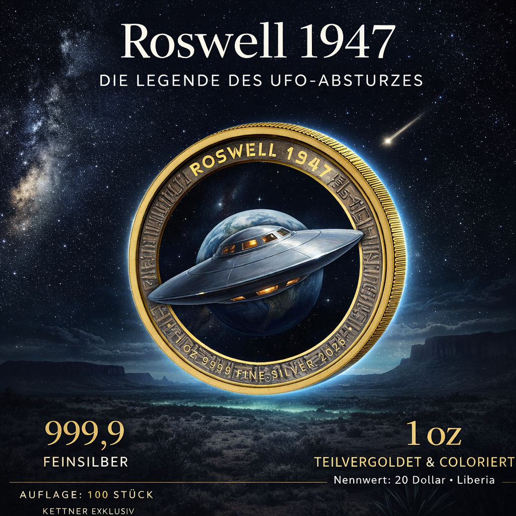 1 Unze Silber UFO Absturz Roswell 2026 (Auflage: 100 | teilvergoldet)