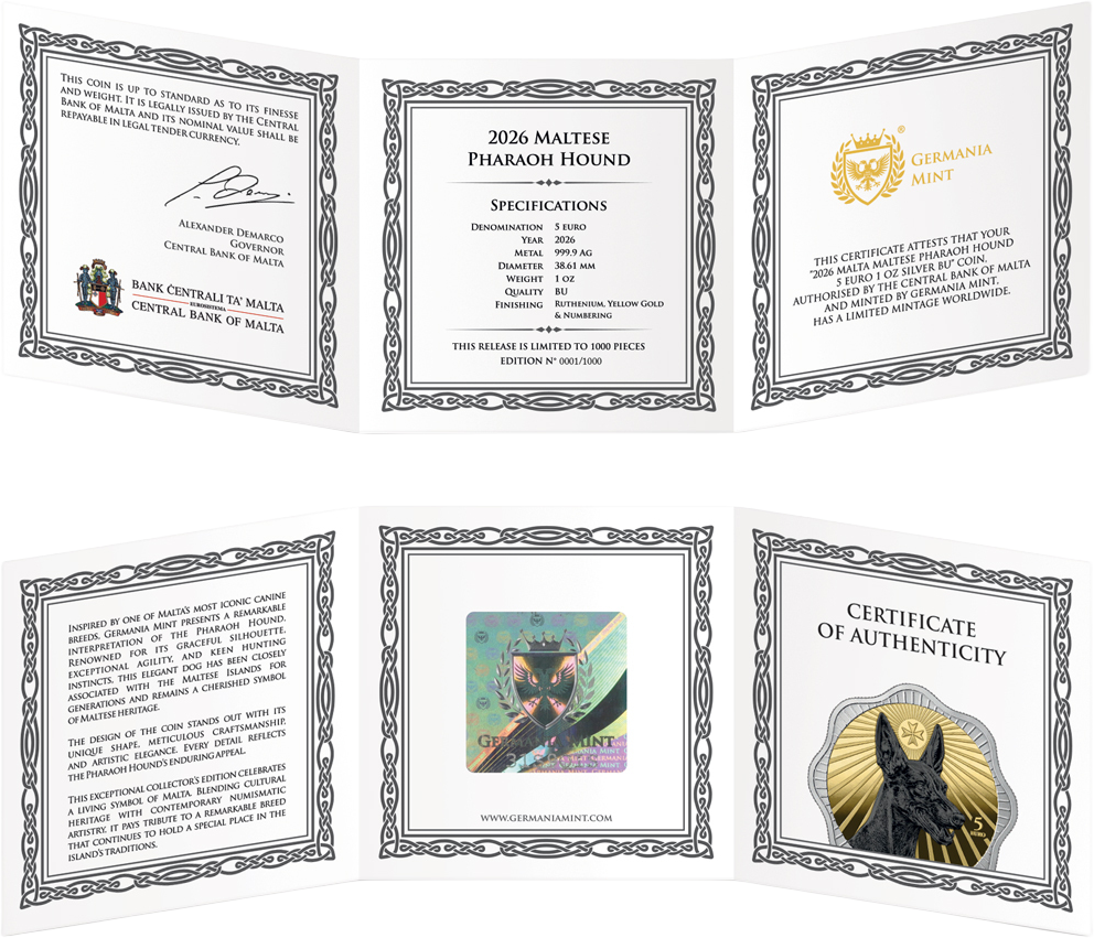 1 Unze Silber Malta 5 Euro Maltesischer Pharaonenhund 2026 (Auflage: 1.000 | teilvergoldet | Ruthenium)